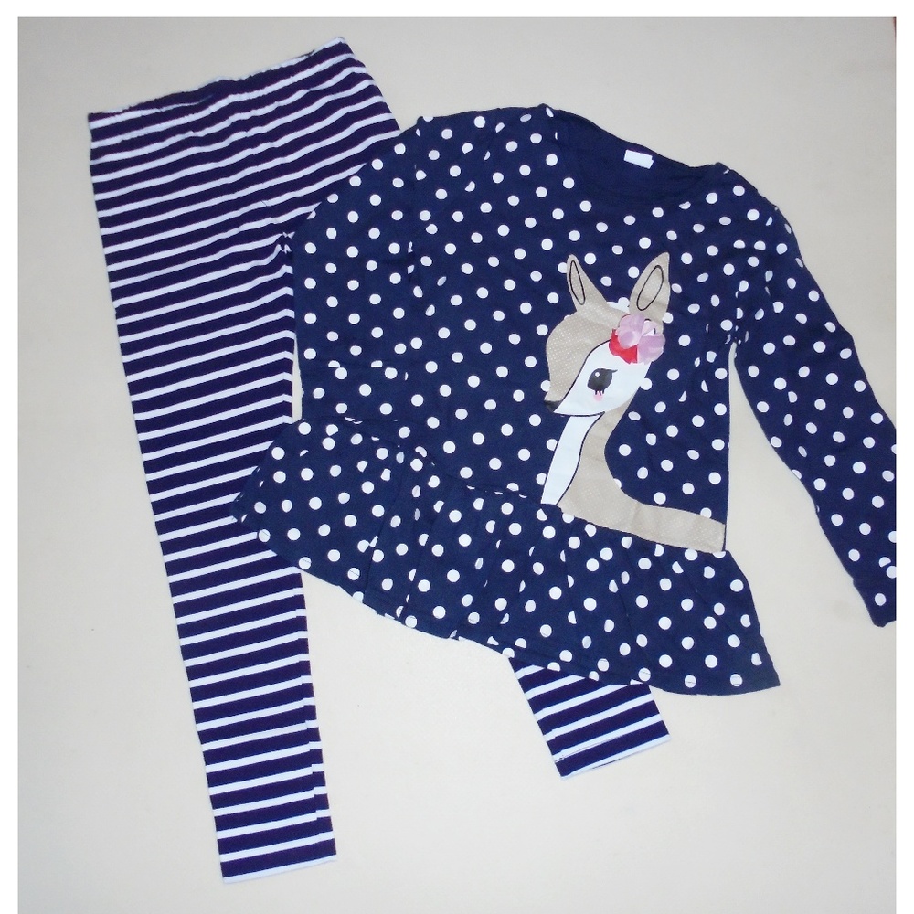 Girls Navy Dot Deer Top Striped Leggings  8 NEW